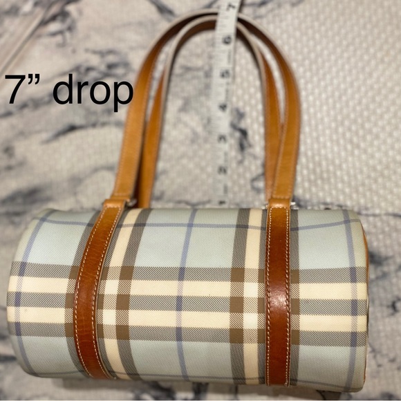 BURBERRY Vintage 💙Nova Check MINI Barrel (Cylinder) Bag🔥PVC/Leather-8”x5”🔥EUC - Picture 3 of 17